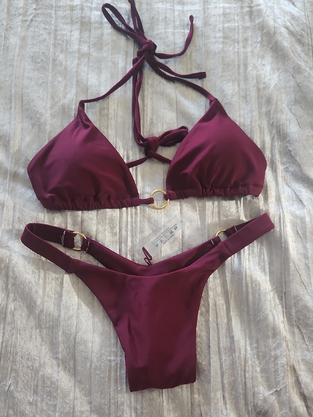SHEIN Burgundy Triangle Bikini Set with Gold Rings